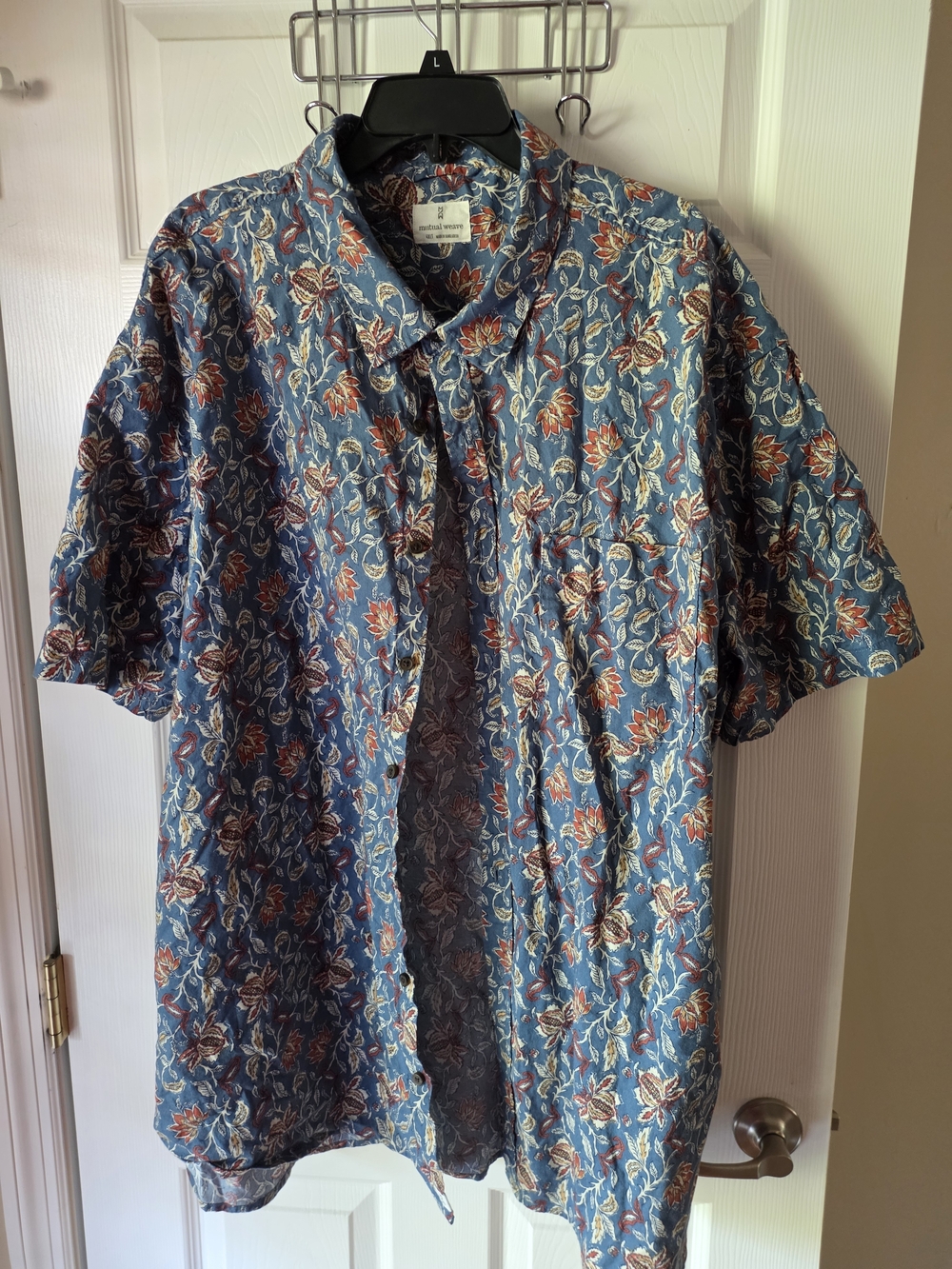 jcpenney Blue Floral Short Sleeve Button-Down Shirt with Rust Accents